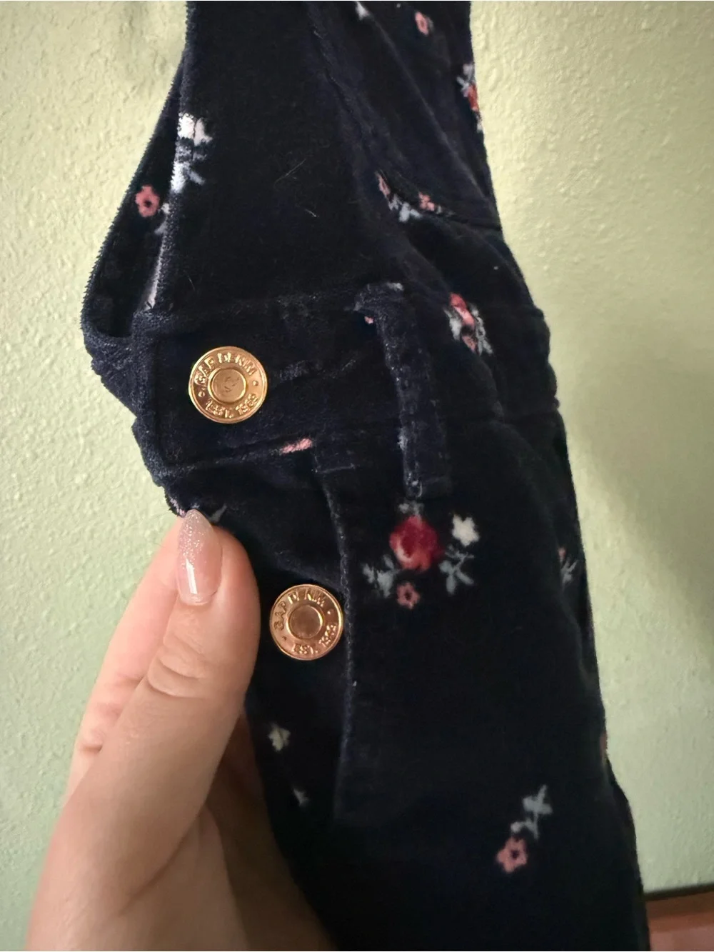 Girls' Floral Embroidered Navy Velvet Overalls